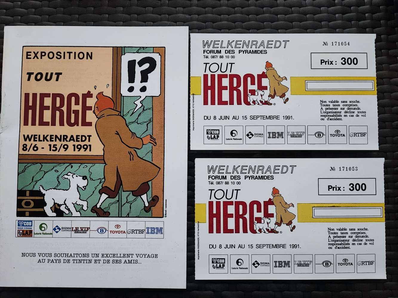 Affiche exposition Tintin à Welkenraedt en 1991 + billets d'entrée